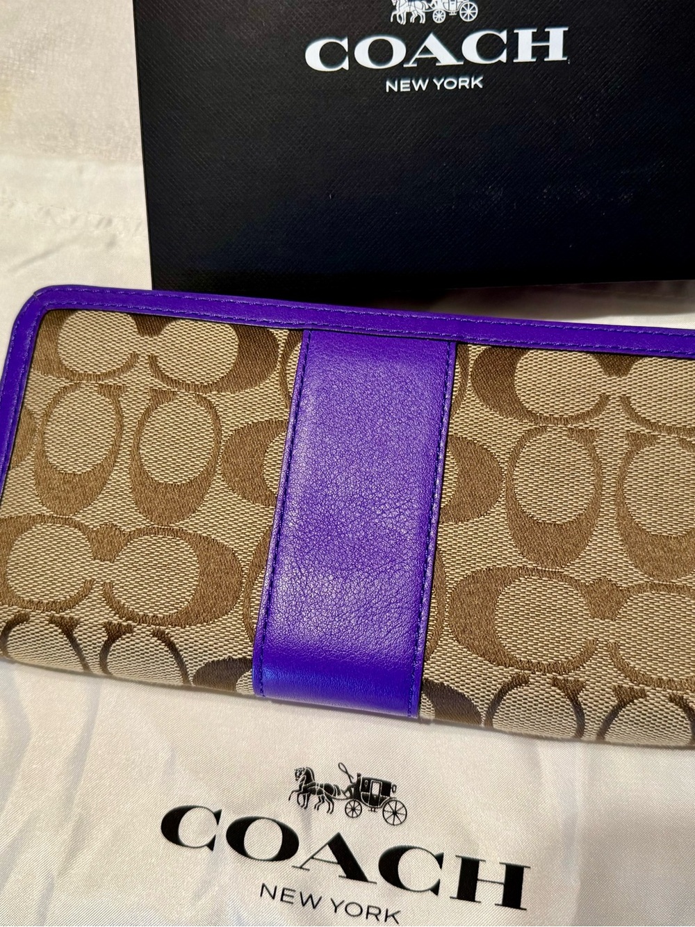 Coach Signature Canvas Wallet with Purple Trim and Brown Monogram - Picture 2 of 4